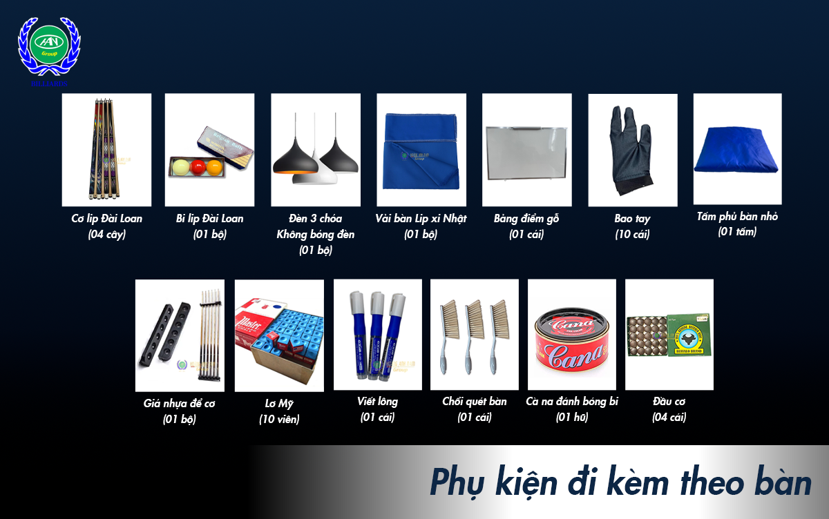 phụ kiện đi kèm theo bàn bida líp hollywood